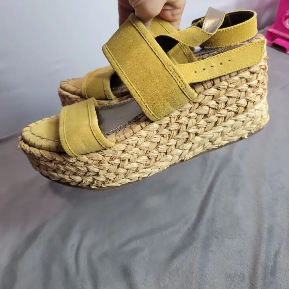 Naughty‎ Monkey Womens Espadrille Wedge Sandals Size 8.5 Yellow Suede & Raffia
